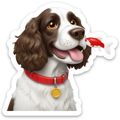 Springer spaniel with red collar an a whale fish toy sticker