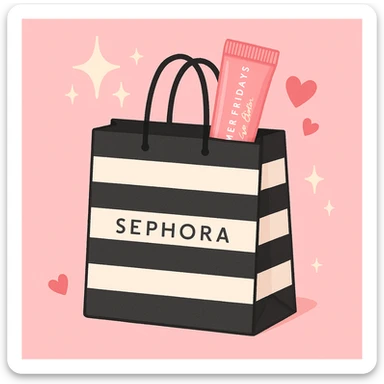 A Sephora shopping bag with a pink preppy lip balm and Summer Fridays branding peeking out, surrounded by sparkles and hearts, stylish and summery sticker