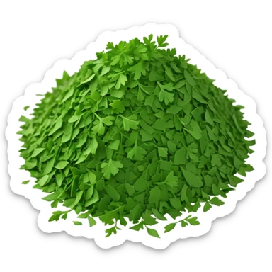 loose scatter of finely crumbled green herb flakes with jagged, flat shapes and a dry, matte texture, color ranges from bright to muted green, evoking dried curly or flat-leaf parsley, soft lighting, subtle shadows, emoji scale sticker