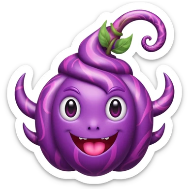 A cute anime-style purple devil fruit with pink spiral patterns, a curly swirl stem on top, glossy texture, simple shading, emoji style, centered on a plain background. sticker