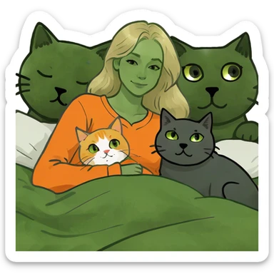 Blonde woman in bed with a golden retriever and a dark gray cat and an orange cat sticker