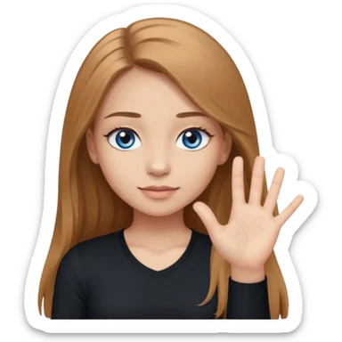 A girl with long eyelashes, long light brown hair, blue eyes, with her palm up. with black undershirt sticker