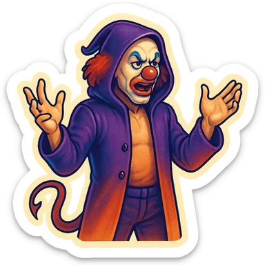 evil clown wizard in a 3/4 length unbuttoned coat with a hood, calm and serious, gesturing with both hands, mouth open as if talking, no pentagram, no robe, no spells, visible tail sticker