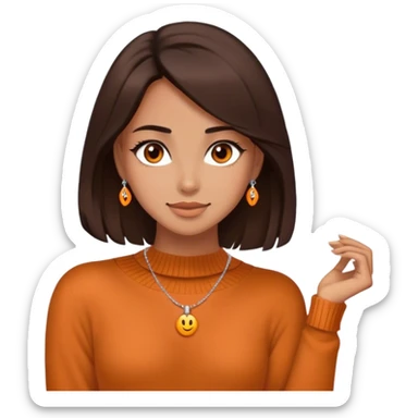 Create a high-quality emoji of a beautiful girl with a warm, medium tan skin tone. She has shoulder-length dark brown hair, a single brown eye, and wears an elegant, delicate necklace. She is dressed in a cozy, orange wool sweater. The style is detailed and expressive, resembling modern emoji designs. sticker