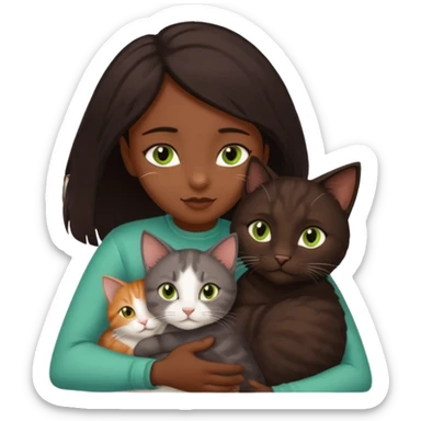 Crea un emoji donde salga un chico moreno con los ojos claros, una chica morena con los ojos marrones y SOLO UN gato europeo comun de pelaje oscuro y ojos verde claro, quiero que se esten abrazando y el gato este en el medio de los dos sticker