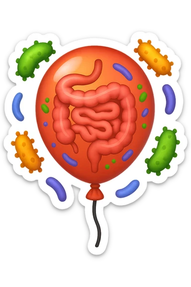 emoji stile iphone di un palloncino con intestino dentro e batteri intestinali intorno sticker