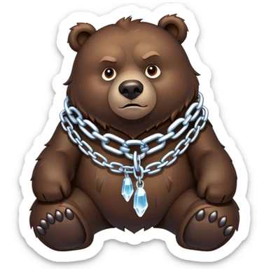 Intimidating dark brown bear on four legs with heavy ice chain around neck, frozen chain links with icicles, serious expression sticker