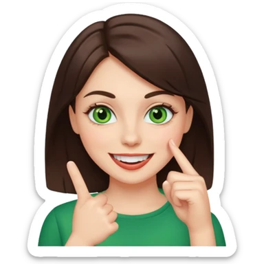 femme brune avec des yeux vert qui rougit en souriant avec un doigt entre les dents  sticker