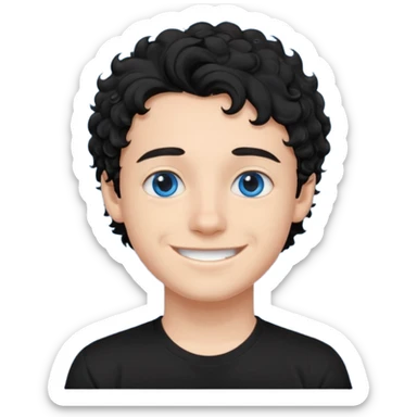 boy, young face like 20 years, blue eyes, medium curly hair black, easy smile, black t-shirt sticker