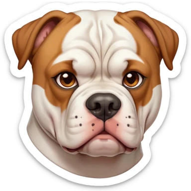 Cinematic Noble White and Brown American Bulldog Portrait Emoji, Poised and regal, with a strong, muscular build and a short, well-groomed white coat accented by warm brown patches, deep-set soulful brown eyes, Simplified yet sharp and sophisticated features, highly detailed, glowing with a soft, dignified glow, high shine, intelligent and loyal, stylized with an air of strength, focused and attentive, soft glowing outline, capturing the essence of a watchful and confident guardian, so majestic it feels as though it could step out of the screen with effortless authority! sticker