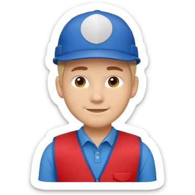 Apple emoji-inspired character, Lowe’s associate, front view, red vest, blue shirt, blue cap, soft smile, rounded features, minimalist, sticker outline, no logos, no text sticker