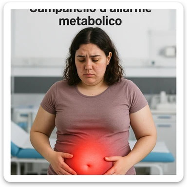 adult woman with PCOS, simple clothing, visibly bloated belly highlighted by a red halo, worried expression, Italian text: 'Pancia gonfia? Campanello d’allarme metabolico', clinical background, 4K quality sticker
