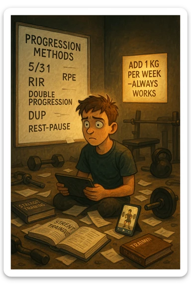 Giovane neofita in palestra, con uno sguardo perso davanti a una lavagna piena di metodi di progressione (5/3/1, RIR, RPE, double progression, DUP, rest-pause). È circondato da libri di allenamento e video tutorial su tablet e smartphone. Dietro di lui, un cartello piccolo ma chiaro: 'Aggiungi 1 kg a settimana – funziona sempre'. Atmosfera caotica intorno, ma luce calda sul messaggio semplice sticker