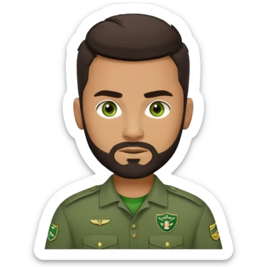 A strong young man, with a dark brown short goatie beard, thick eyebrows, green eyes, faded styled dark brown hair, and a green Uniform that says on the left chest "CC Team Seba" sticker