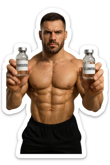 bodybuilder tiene una fiala medica con la scritta "TAMOXIF€NE" NELLA MANO DESTRA E UNA FIALA CON LA SCRITTA €NCL*MIFENE" NELLA MANO SINISTRA sticker