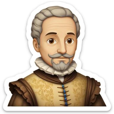 Cinematic Realistic Miguel de Cervantes Portrait Emoji, depicted as a wise thoughtful literary figure in period attire with a reflective gaze, rendered with detailed textures and soft historical lighting that captures his enduring literary legacy. sticker