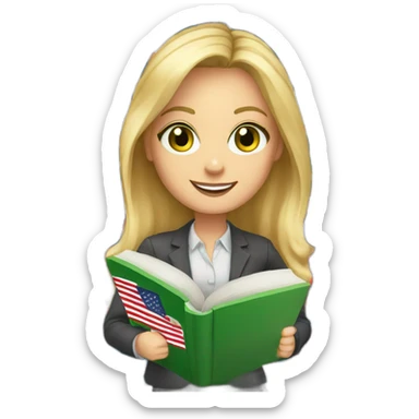 English teacher female with blonde hair and green eyes with English book with usa flags sticker