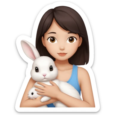 A young Asian woman with dark brown, almost Asian girl with dark brown hair, brown eyes, light Asian skin, add soft makeup and dress in tank top and hugging a one white rabbit with light brown spots, soft and warm atmosphere.
  sticker