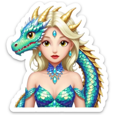 Am amazing blend of a half dragon woman with glittering jeweled scales covering her body. She has large almond shaped eyes, lush lips, and she wears a stunning luminescent gown. sticker