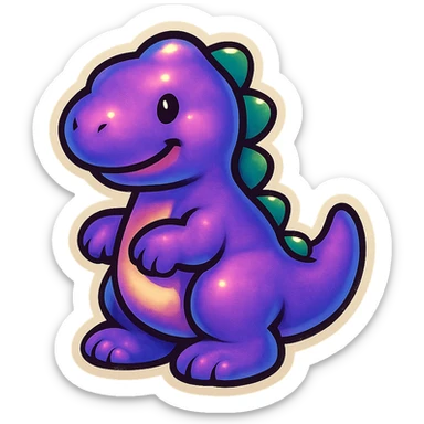purple dinosaur, cute and friendly, bold outlines, vintage sticker style sticker