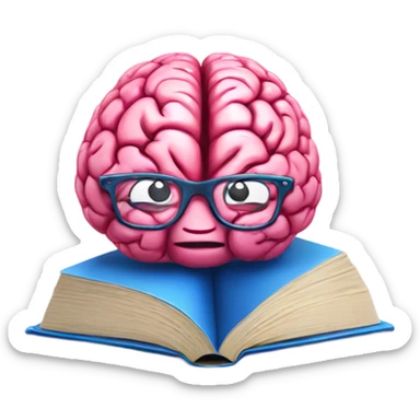 Pink brain with red glasses reading a blue book sticker