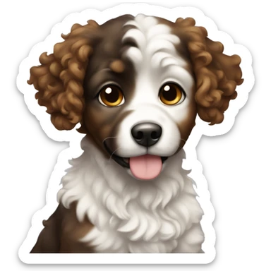 Curly puppy with black and brown hair and white chest sticker