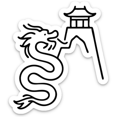 Chinese dragon with whiskers winding up a mountain cliff with a traditional temple perched on top sticker
