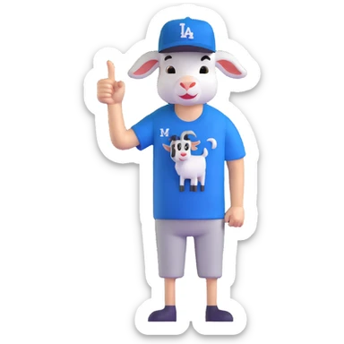young man with a goat t-shirt, Dodgers hat, giving a thumbs down sticker
