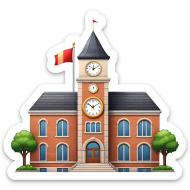 school building with a clock tower and flag on top sticker