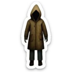 An icon representing a horror game, inspired by Silent Hill 2. The design features a foggy, eerie street with a shadowy figure in the distance. Creepy, dim lighting and dark, abandoned buildings set the tense atmosphere. Transparent background enhances the unsettling mood. sticker
