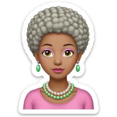 Brown woman with very short gray Afro  wearing pink and green outfit and pearl necklace  sticker