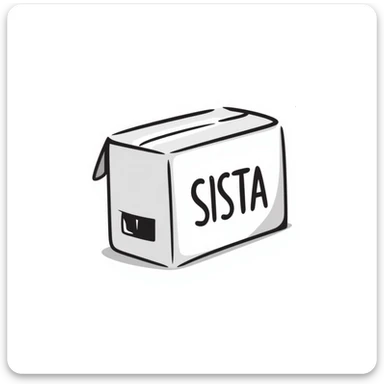 cardboard box with the word SISTA printed on it, clear and legible, hand-drawn doodle style sticker