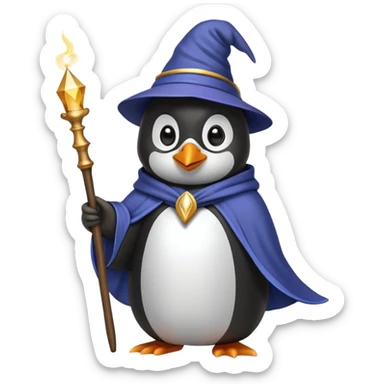 Penguin wearing wizard hat and robe holding a magic wand sticker