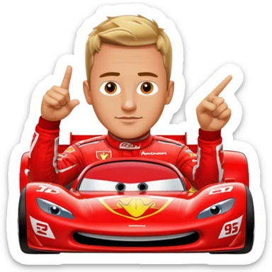 Ralf Schumacher pointing at Lightning McQueen sticker