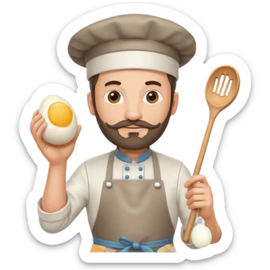 Middle aged male pastry chef - with a small beard, apron, white hat, holding an egg beater in his right hand, and his left hand naturally hanging down to his side sticker