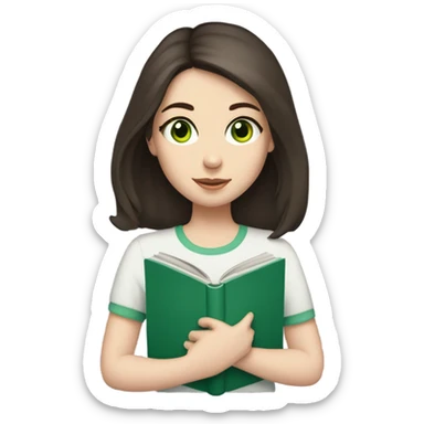 Girl with green eyes, shoulder length dark brown hair, pale skin, reading a book  sticker
