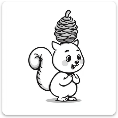 A greedy little squirrel with a large pine cone balanced on top of its head, making a strange, creepy expression sticker
