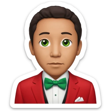 Smokey Robinson with dark brown hair, red suit with bow tie, green eyes sticker