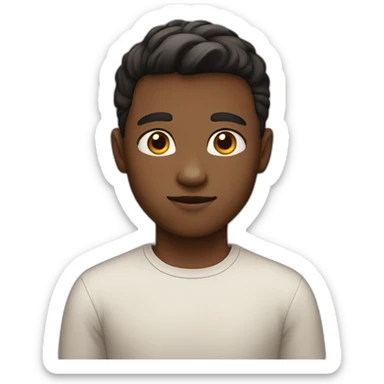 A boy with a short balck hear has a white skin , brown eyes , wearing shirt   sticker