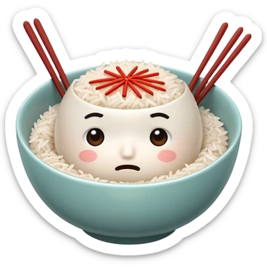 A bowl of rice with a worried, caring face — like it’s gently asking, ‘Did you eat?’ Holding spoon and chopsticks, ready to take care of you. sticker