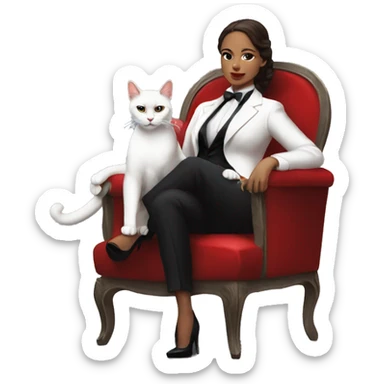 a woman cosplaying don corleone as a mafia boss sitting on a red chair petting a white cat on his lap sticker