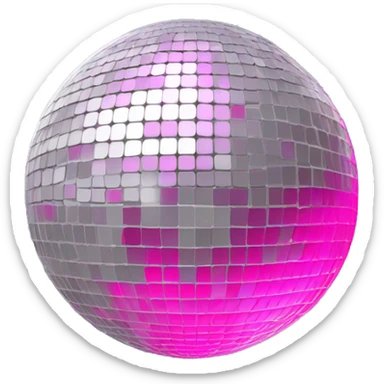 Disco ball surrounded by a gray circle (color: #848185) above it a band curved upwards and tilted in pink (color: #ef7eb0) with white lettering in the font Museo 900 "Pink Orbit" sticker