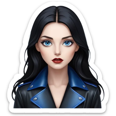A portrait of a woman with deep blue eyes, long dark hair, and high-fashion makeup. She’s dressed in a glossy, black leather coat, with a captivating, almost hypnotic expression, against a dimly lit, foggy background that adds to the mystery sticker