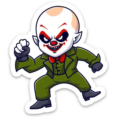 evil clown warrior, bald, small black satan-like horns on forehead, fangs, pointed ears, black and military green leisure suit with bellbottom pants, realistically proportioned, less bulky, full body, battle-ready fighting posture sticker