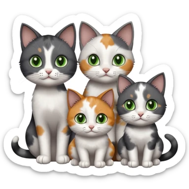 3 different coloured small cats including a dark grey and white, and a patchy calico with hazel eyes and a completely solid dark grey with green eyes and only white paws sticker