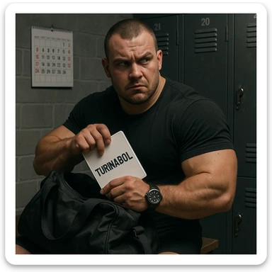 European powerlifter in locker room hiding a tablet labeled 'TURINABOL' in a gym bag, suspicious expression, visible watch and calendar, secretive atmosphere, realistic details sticker