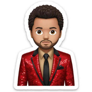 The Weeknd with dark brown hair, red sequin suit jacket, black shirt with tie sticker
