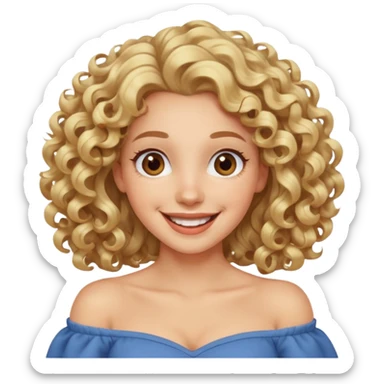 happy excited woman with curly long blond hair, brown eyes, wearing an off-shoulder top,  sticker