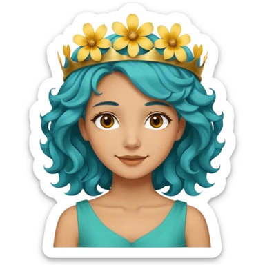 A woman with wavy teal-blue hair styled in loose curls. Her hair is adorned with large golden-yellow flower petals that resemble a crown. She has soft brown eyes, smooth skin, and a small friendly smile on her face. sticker