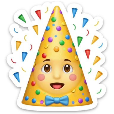 shushing emoji with a cone party hat, confetti around, cheerful expression sticker